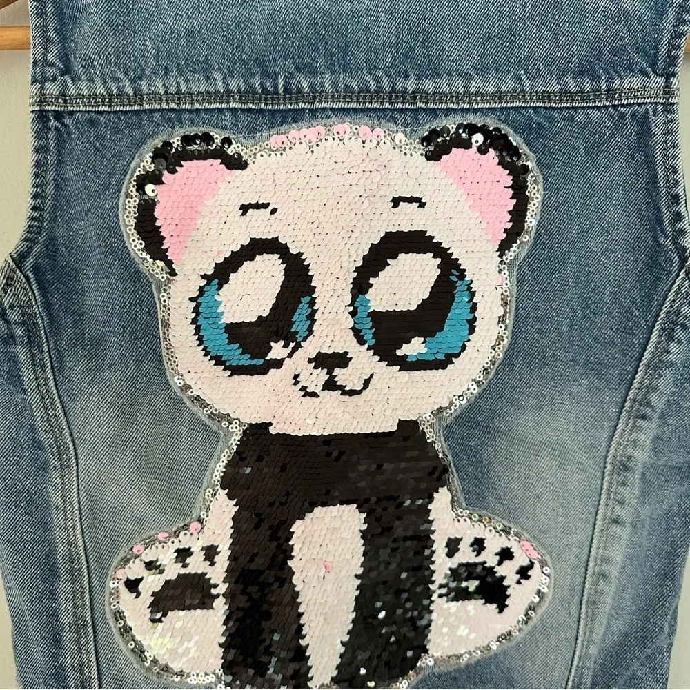 Sequin Panda Denim Vest Girls Size Small